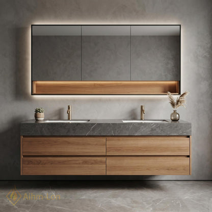 60''-96'' Double Bathroom Vanity with Sink Modern Floating Gray Marble Slatted Front