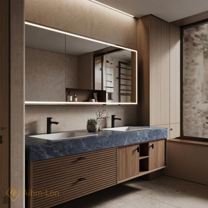60''-96'' Modern Double Bathroom Vanity with Sink Floating Dark Blue Marble Top