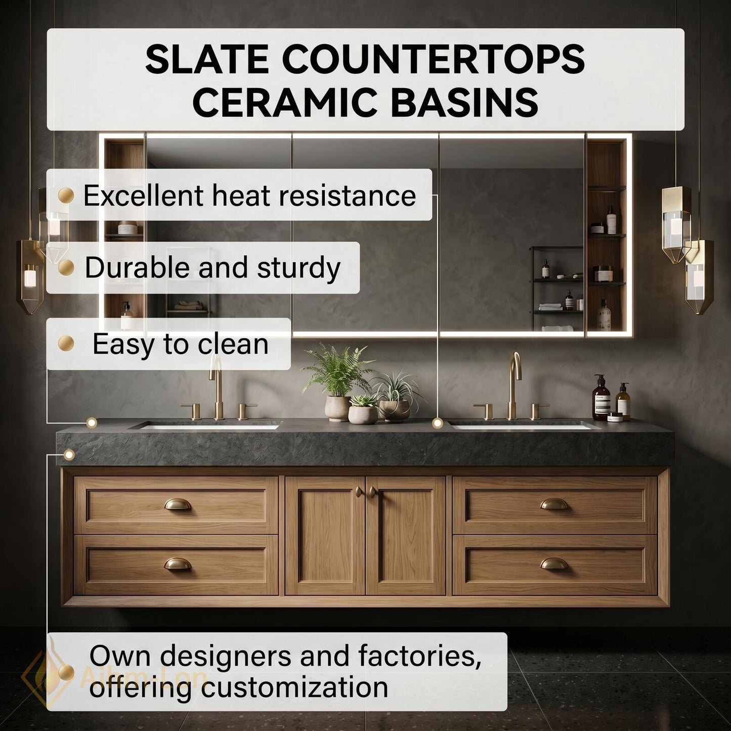 60''-96'' Double Bathroom Vanity with Sink Warm-Oak Modern Floating Doors Finish