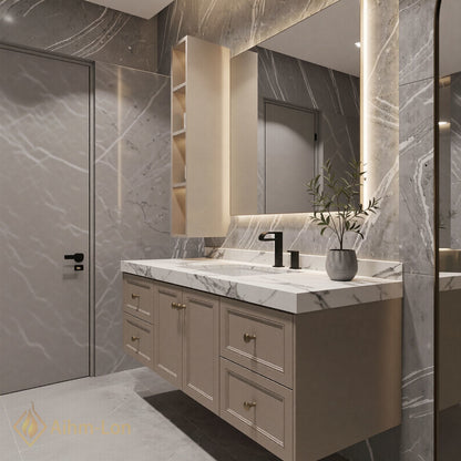 48''-64'' Modern Bathroom Vanity with Sink Floating Beige Marble Vertical Mirror Shelving