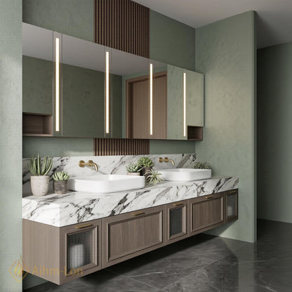 60''-96'' Double Bathroom Vanity with Sink Floating Charcoal Wood-Grain Finish Glass-Paneled Doors