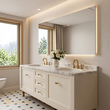 60''-96'' Modern Bathroom Vanity with Sink White Shaker Marble Gold Hardware Drawers
