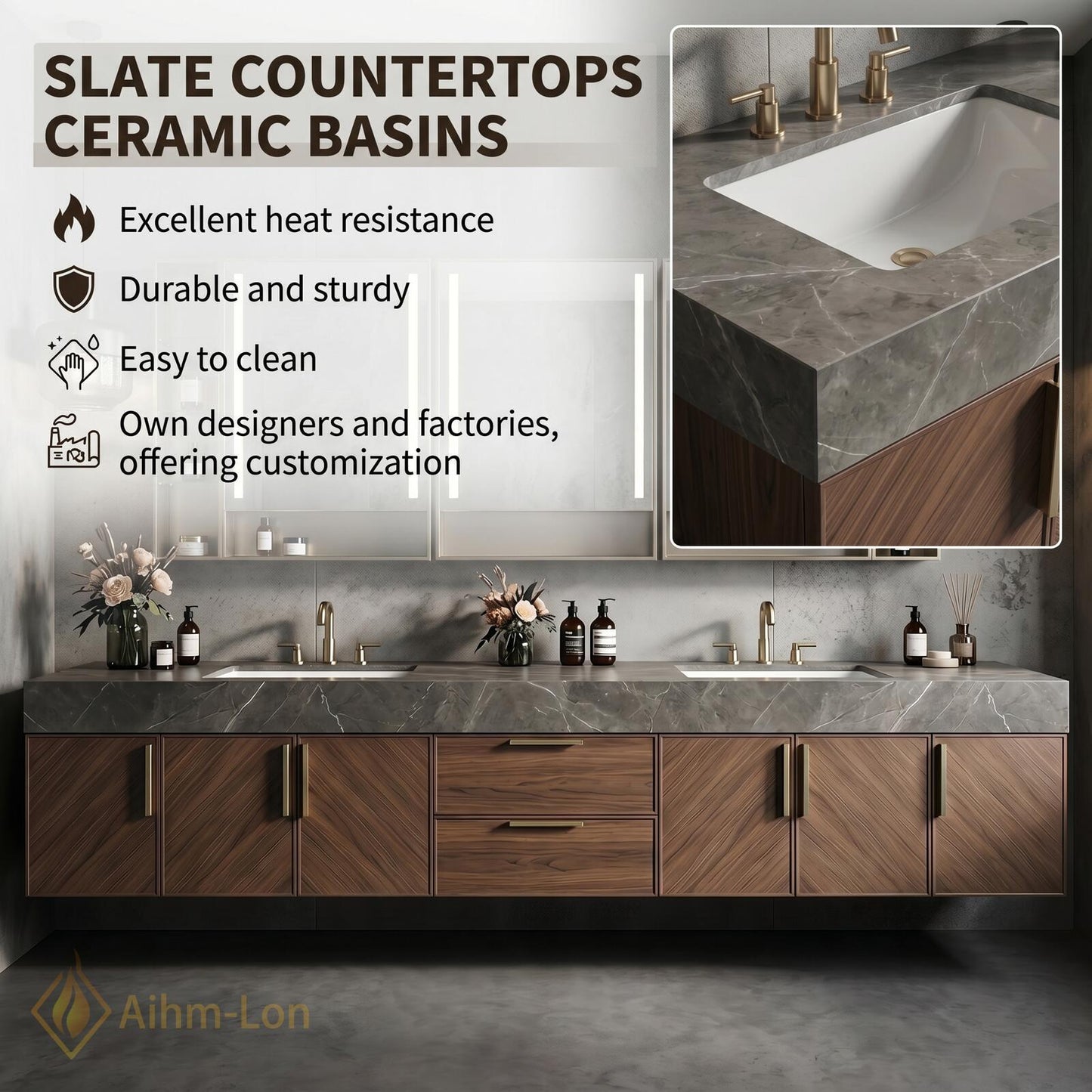 70''-96'' Double Bathroom Vanity with Sink Modern Dark Wood Grain Finish Glass