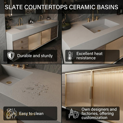 72''-96'' Double Bathroom Vanity with Sink Wood Modern Floating Glass Doors Solid
