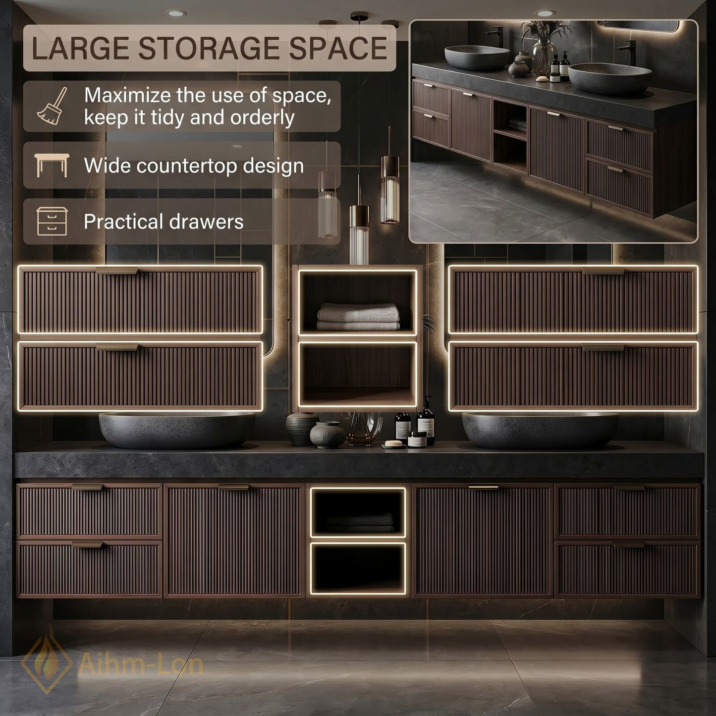 70''-96'' Double Bathroom Vanity with Sink Slatted Wide Solid Surface Top Dark