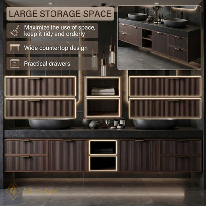 70''-96'' Double Bathroom Vanity with Sink Slatted Wide Solid Surface Top Dark