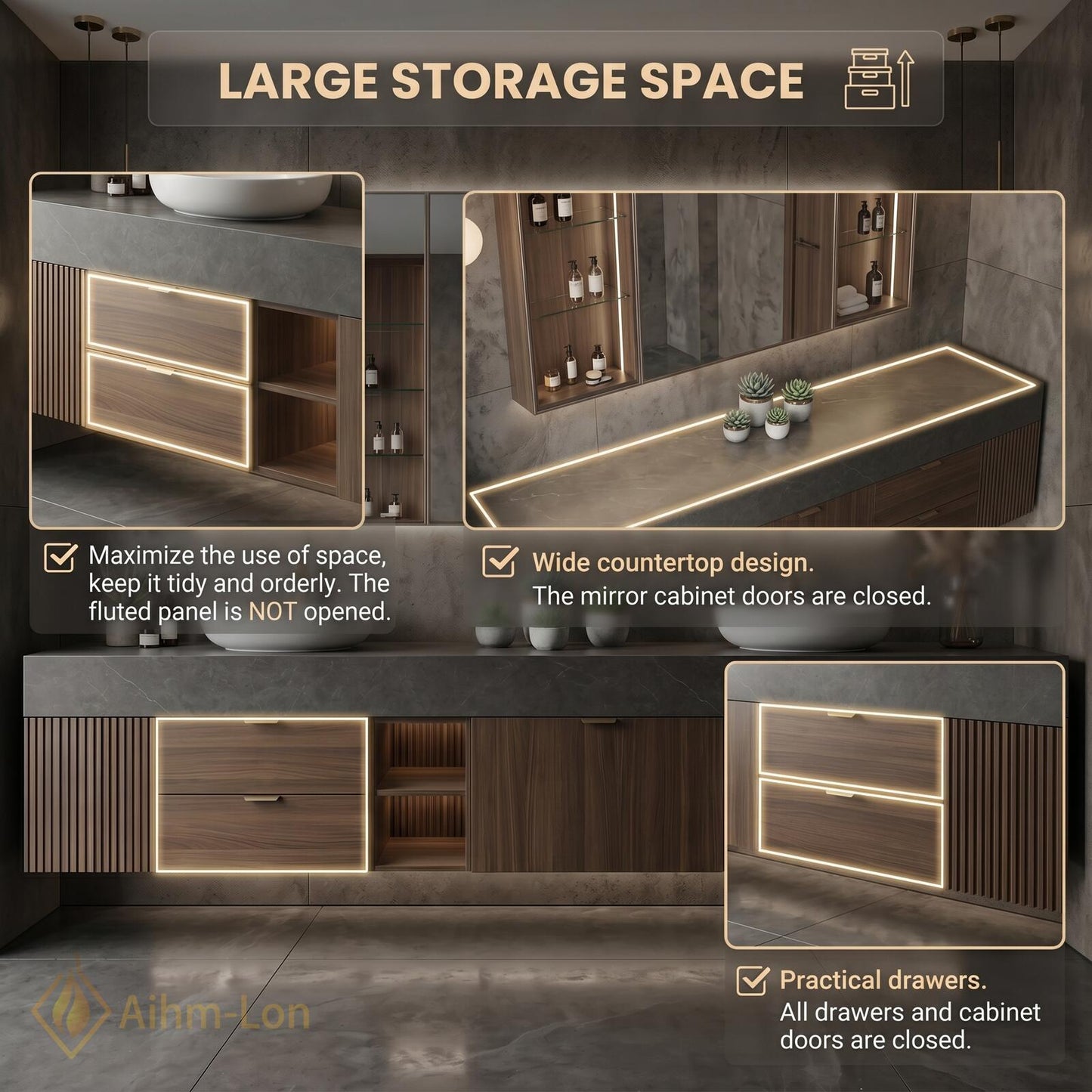 72''-96'' Double Bathroom Vanity with Sink Dark-Walnut Modern Center Floating Shelving