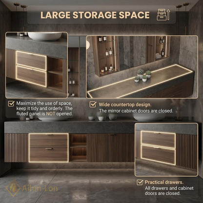 72''-96'' Double Bathroom Vanity with Sink Dark-Walnut Modern Center Floating Shelving
