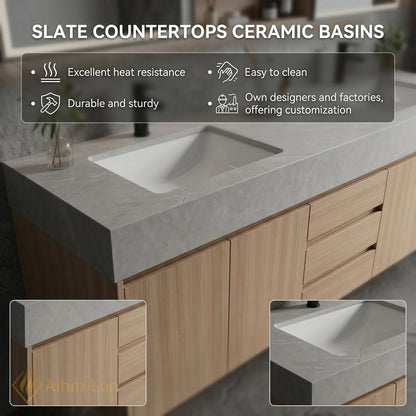 60''-96'' Bathroom Vanity with Sink Modern Floating Natural Oak Grain Countertop