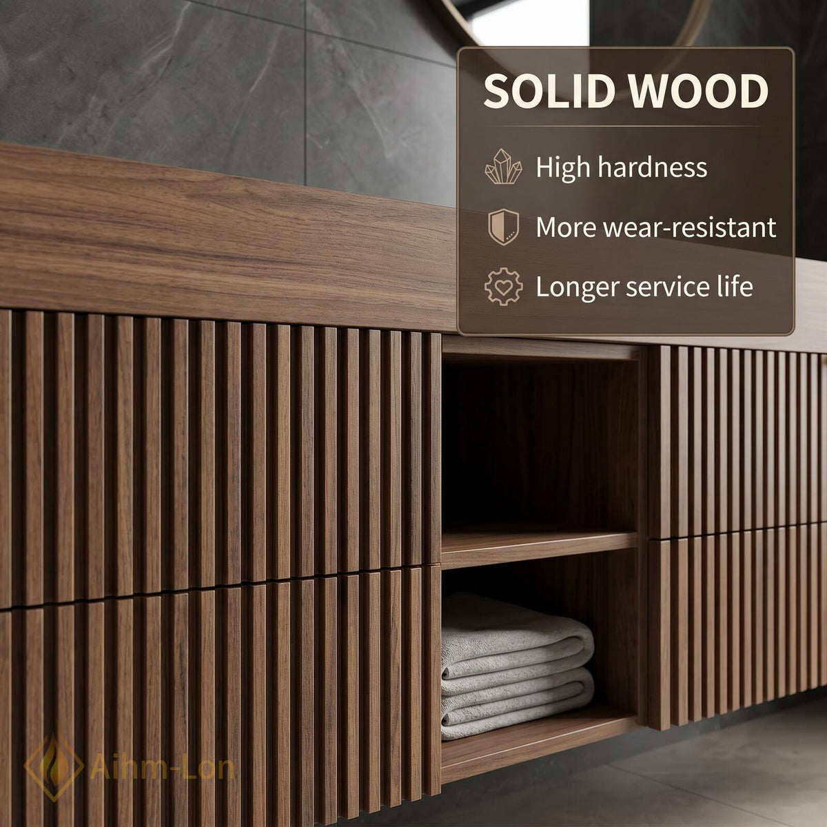 72''-96'' Double Bathroom Vanity with Sink Floating Double Dark Walnut Slatted Doors