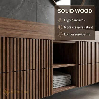 72''-96'' Double Bathroom Vanity with Sink Floating Double Dark Walnut Slatted Doors