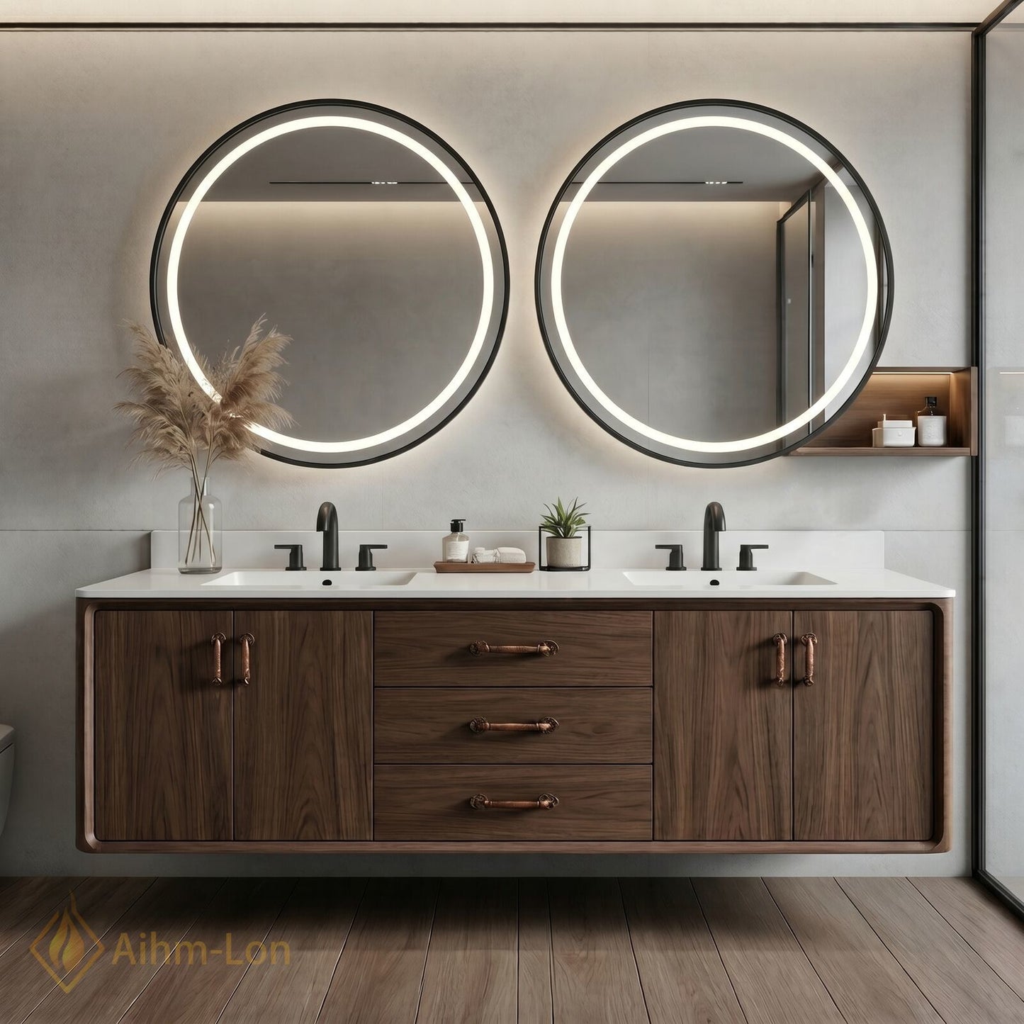 70''-96'' Double Bathroom Vanity with Sink Rich Wood Grain Floating Center Drawers