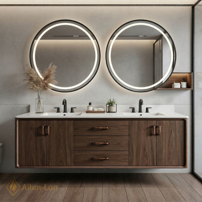 70''-96'' Double Bathroom Vanity with Sink Rich Wood Grain Floating Center Drawers