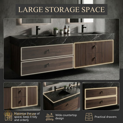 60''-96'' Double Bathroom Vanity with Sink Slat-Front Lower Cabinet Wall-Mounted Slat Dark