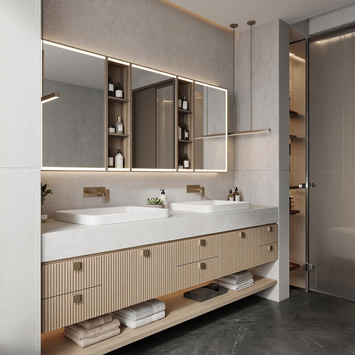60''-96'' Double Bathroom Vanity with Sink Modern Floating Slatted Front Panels Open Shelf