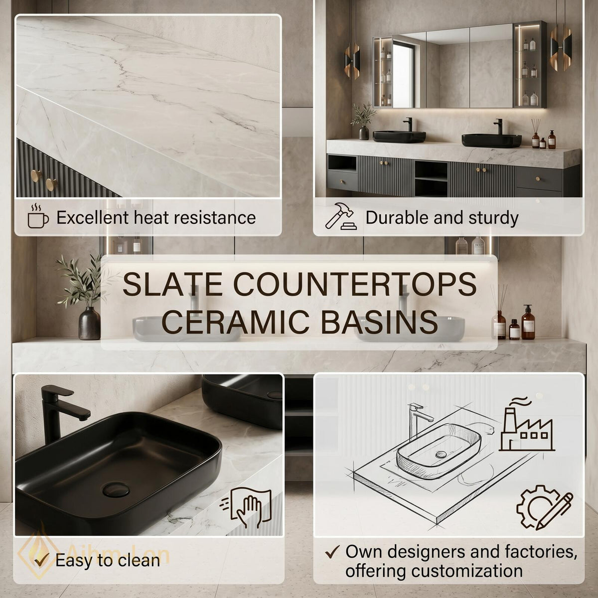 60''-96'' Double Bathroom Vanity with Sink Dark Gray Slatted Doors Marble-Effect Top
