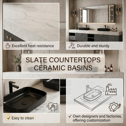 60''-96'' Double Bathroom Vanity with Sink Dark Gray Slatted Doors Marble-Effect Top