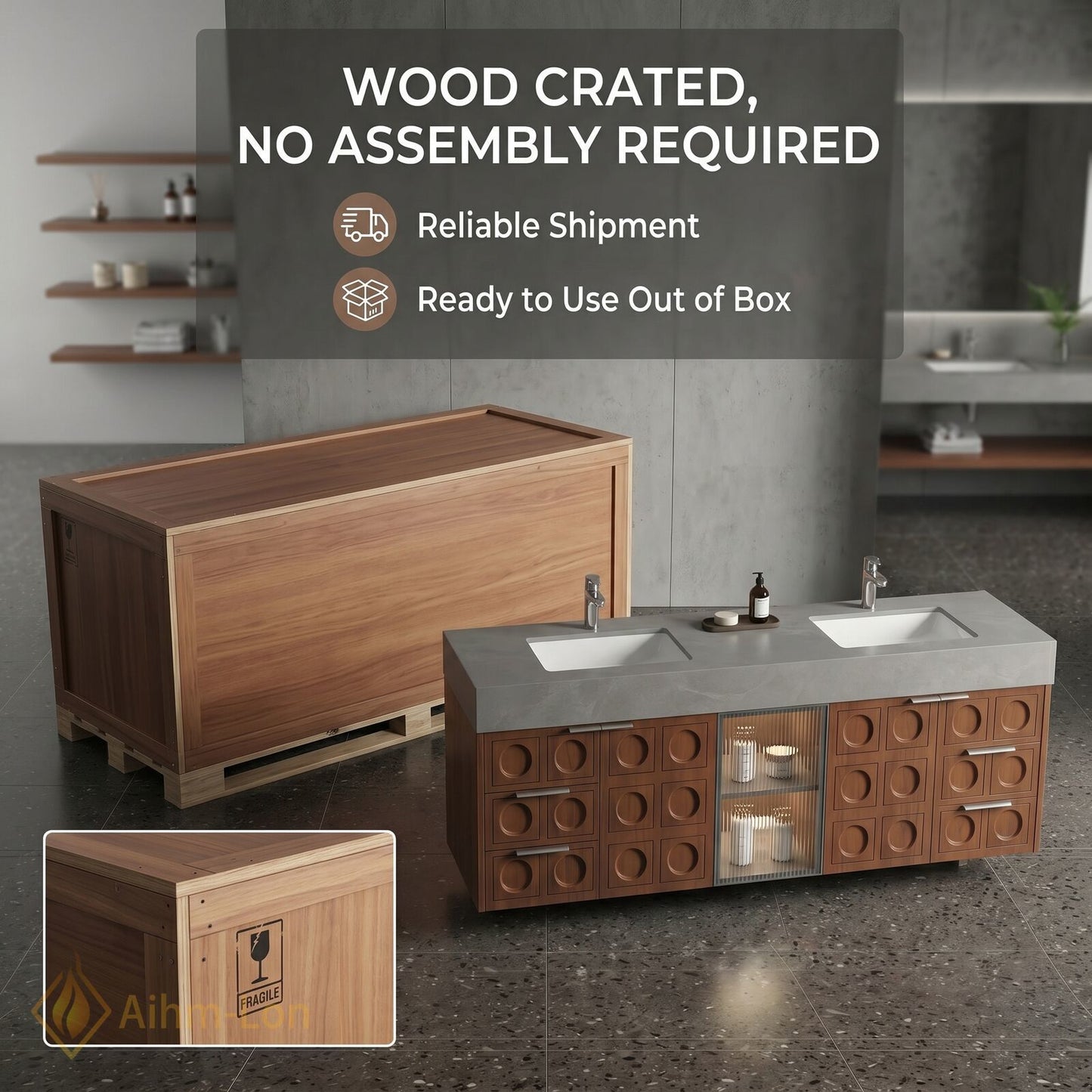 76''-96'' Double Bathroom Vanity with Sink Geometric Relief Doors Solid Wood Frame