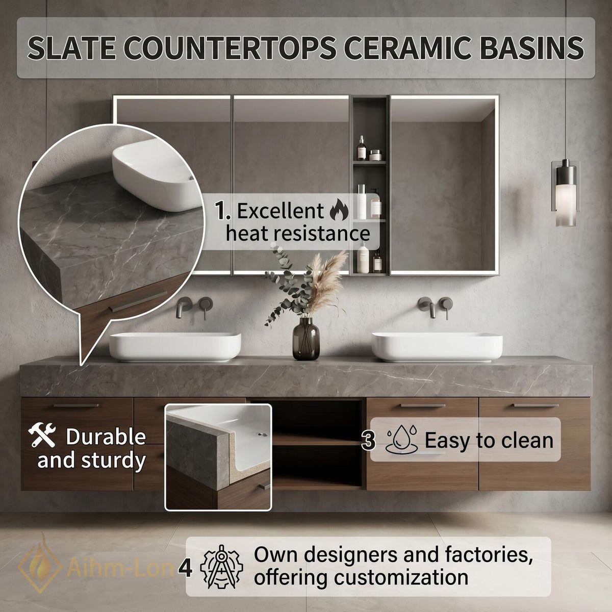 60''-96'' Double Bathroom Vanity with Sink Basin Woodgrain Finish Slatted Open Shelving