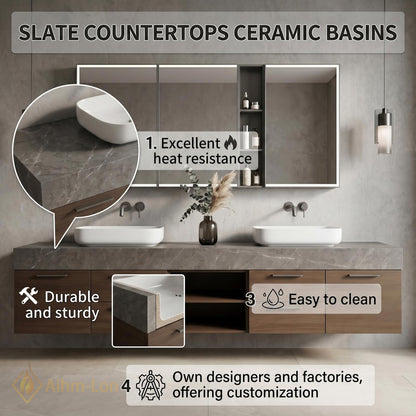 60''-96'' Double Bathroom Vanity with Sink Basin Woodgrain Finish Slatted Open Shelving