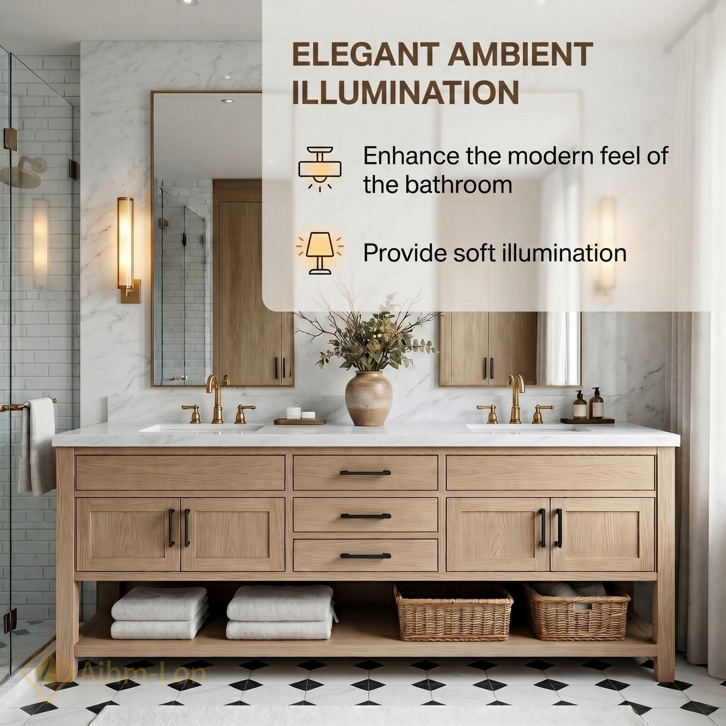 60''-96'' Double Bathroom Vanity with Sink Marble Top Solid Wood Six Drawers Glass Doors Cabinet