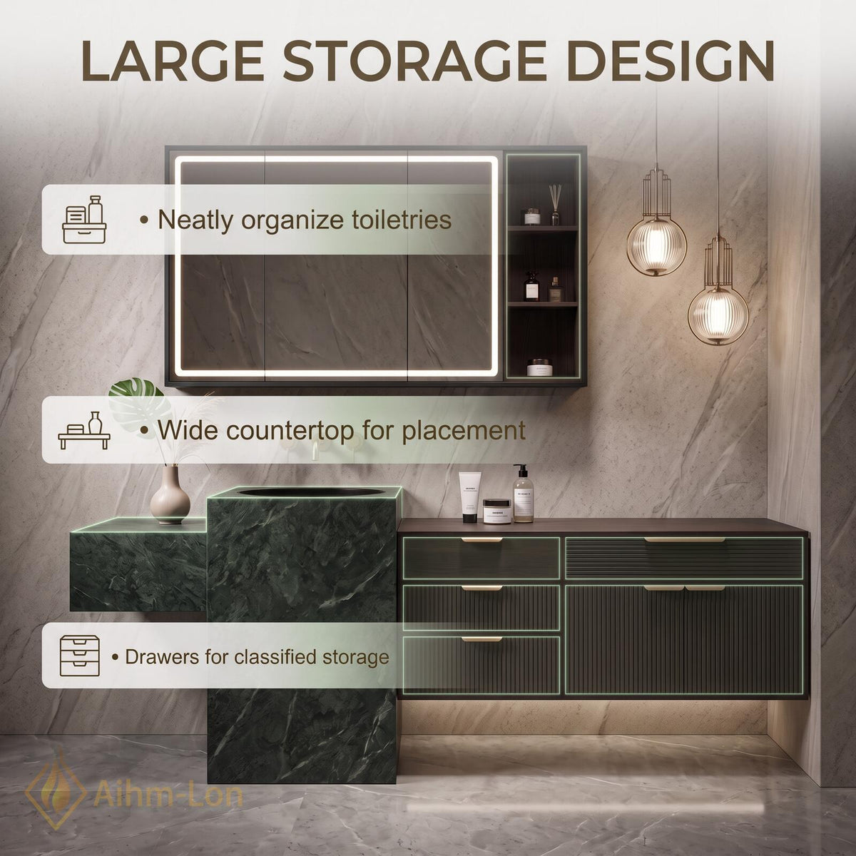 36''-110'' Bathroom Vanity with Sink Modern Green Sintered Stone Top
