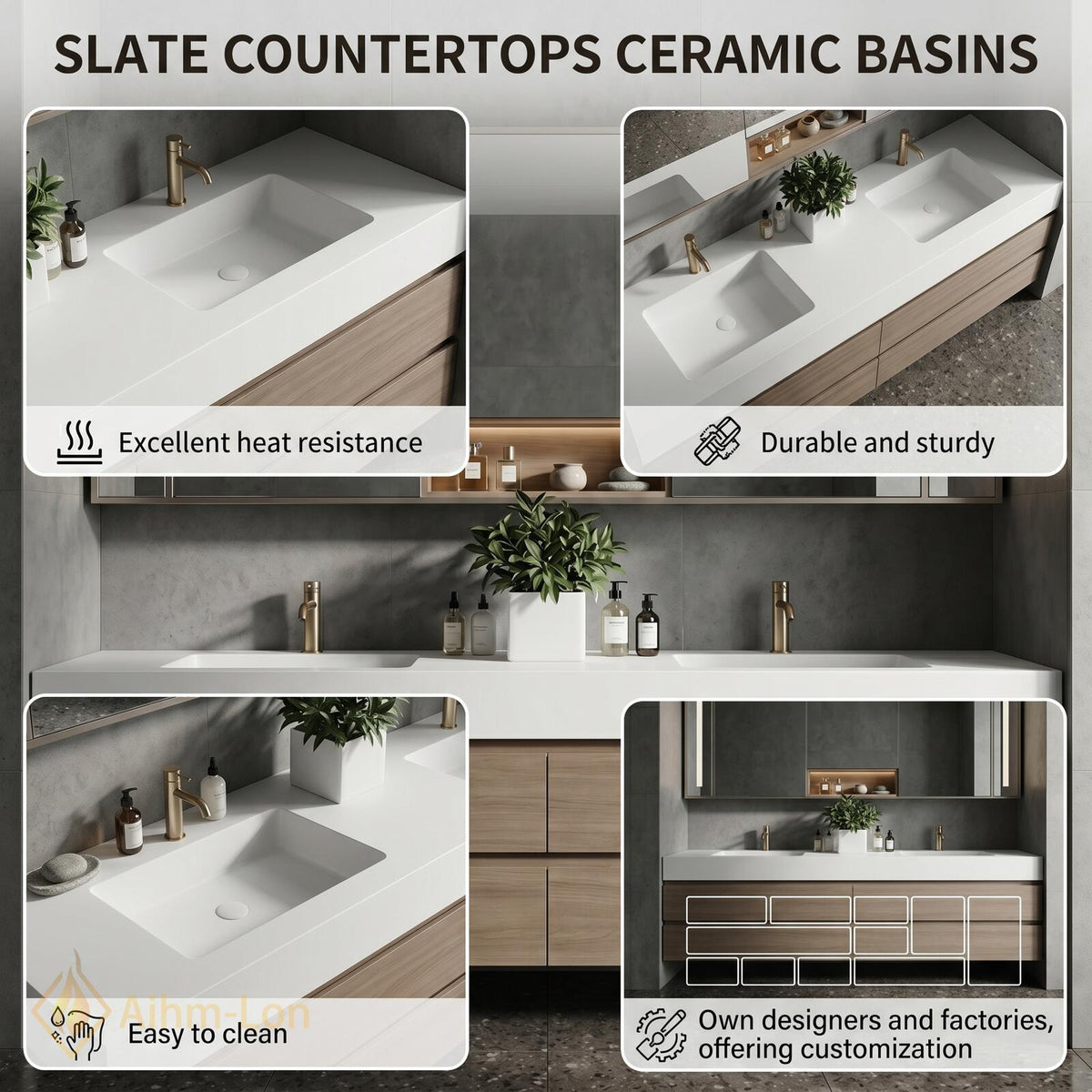 60''-96'' Modern Bathroom Vanity with Sink Floating Wide Mirror Wood Grained Drawers