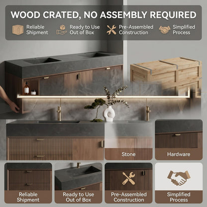 60''-96'' Modern Bathroom Vanity with Sink Dual Basins Warm Walnut Grain Storage Cabinet