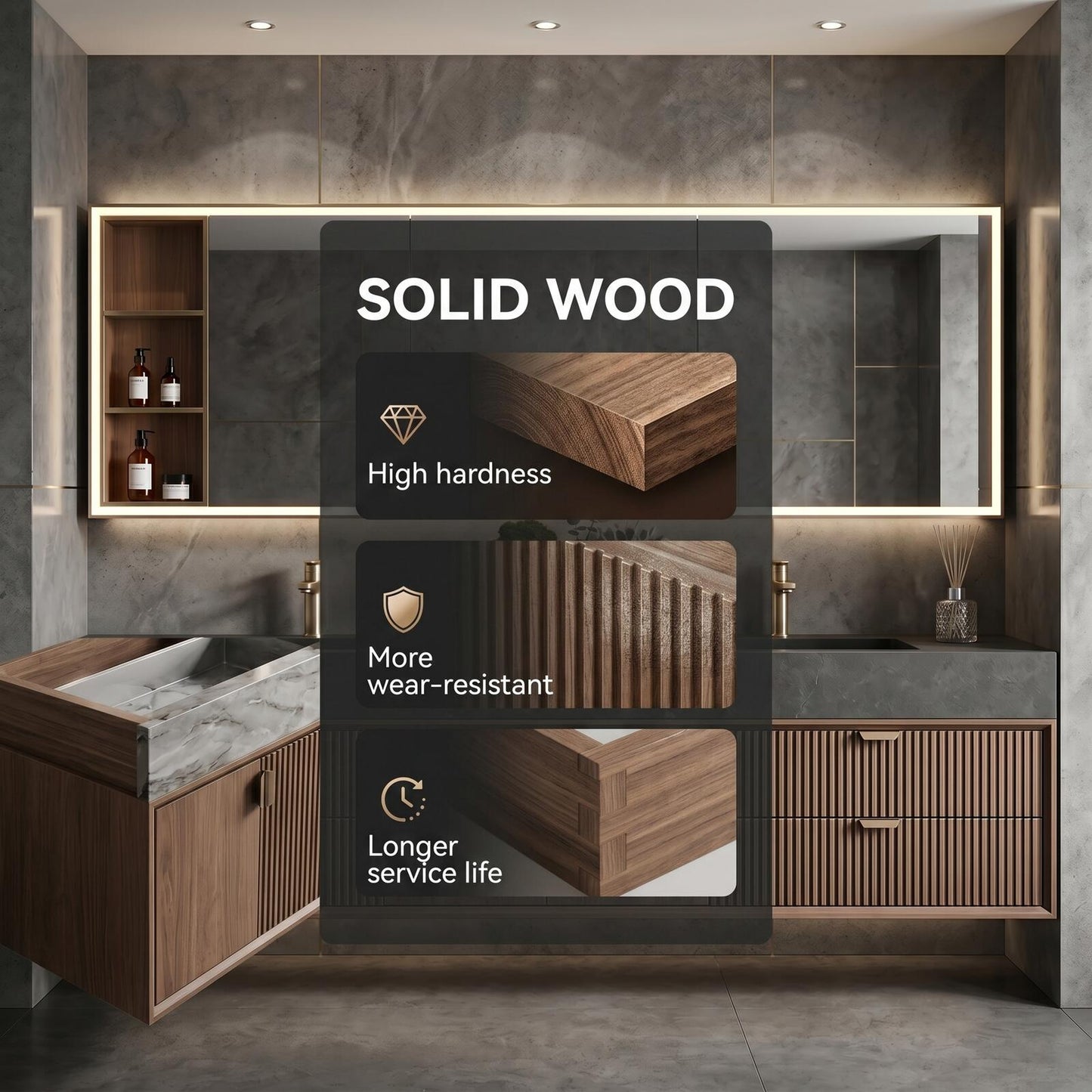 60''-96'' Modern Bathroom Vanity with Sink Dual Basins Warm Walnut Grain Storage Cabinet