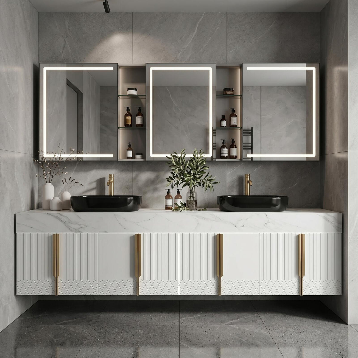 60''-96'' Double Bathroom Vanity with Sink Floating White Marble-Effect Vertical Grooves Glass