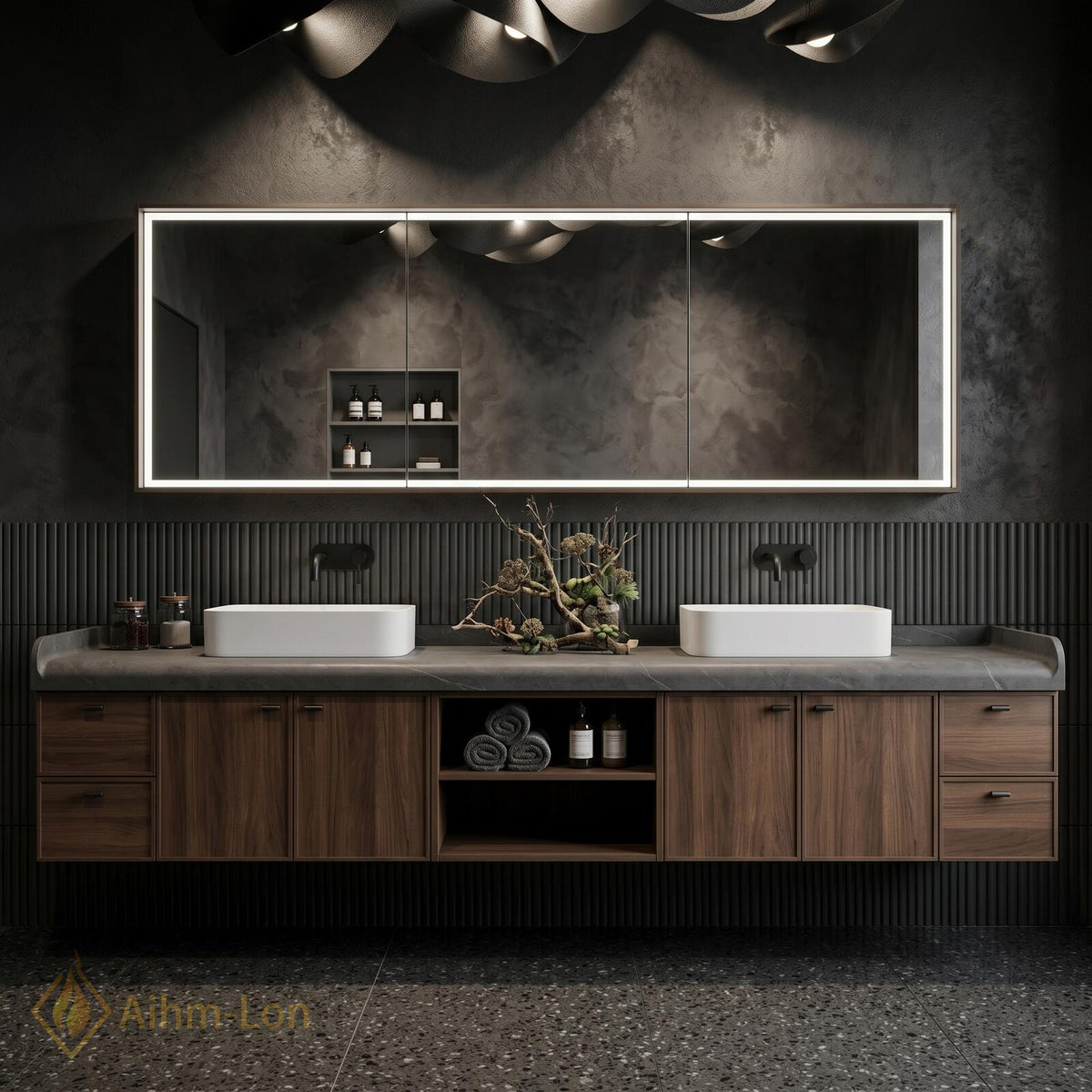 60''-96'' Double Bathroom Vanity with Sink Modern Floating Dark Wood Grain Open Shelving