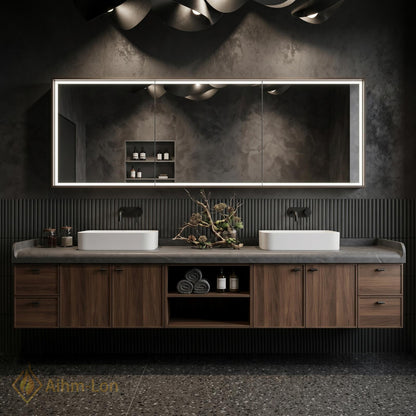 60''-96'' Double Bathroom Vanity with Sink Modern Floating Dark Wood Grain Open Shelving