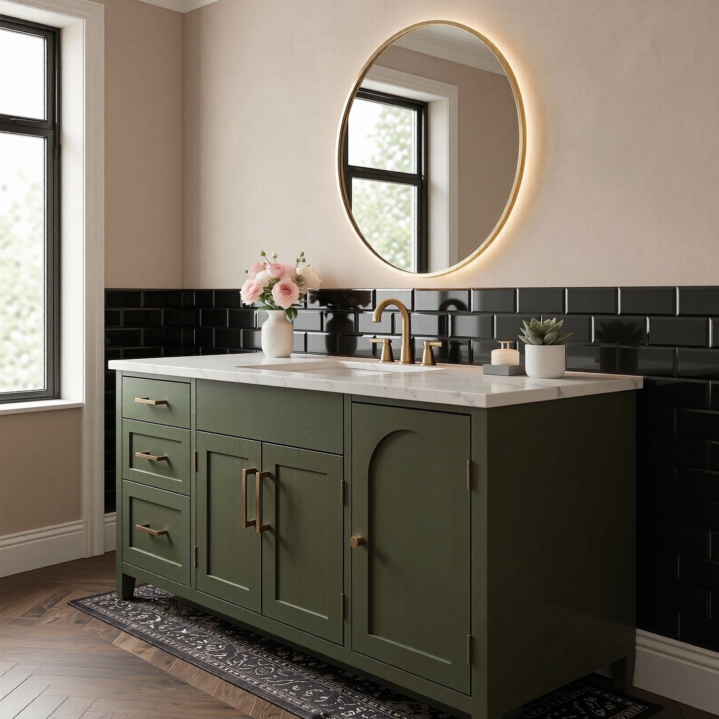 52''-64'' Modern Bathroom Vanity with Sink Single Olive Green Solid Wood Drawers Cabinet