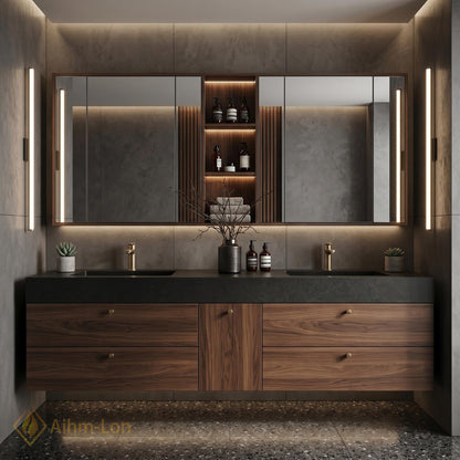 60''-96'' Double Bathroom Vanity with Sink Modern Floating Dark Walnut Open Shelving