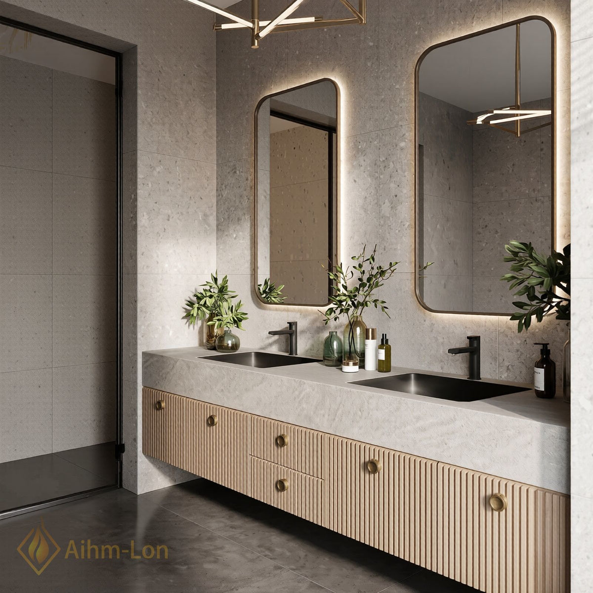 72''-96'' Double Bathroom Vanity with Sink Light Wood Slatted Panels Sleek Design