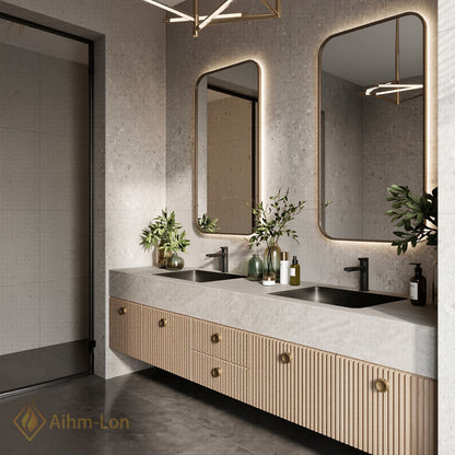 72''-96'' Double Bathroom Vanity with Sink Light Wood Slatted Panels Sleek Design