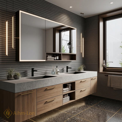 60''-96'' Double Bathroom Vanity with Sink Textured Stone Top Wood Finish Drawers