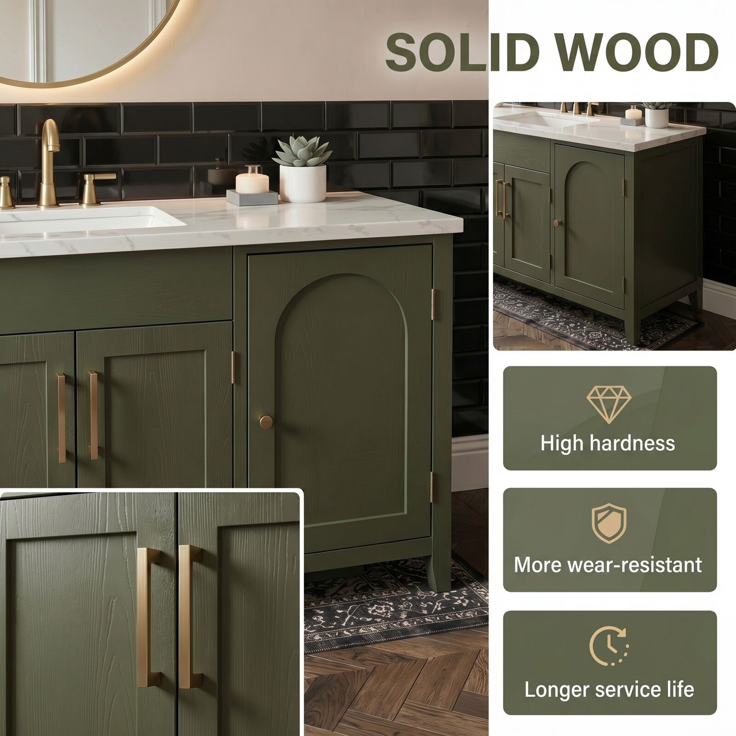52''-64'' Modern Bathroom Vanity with Sink Single Olive Green Solid Wood Drawers Cabinet