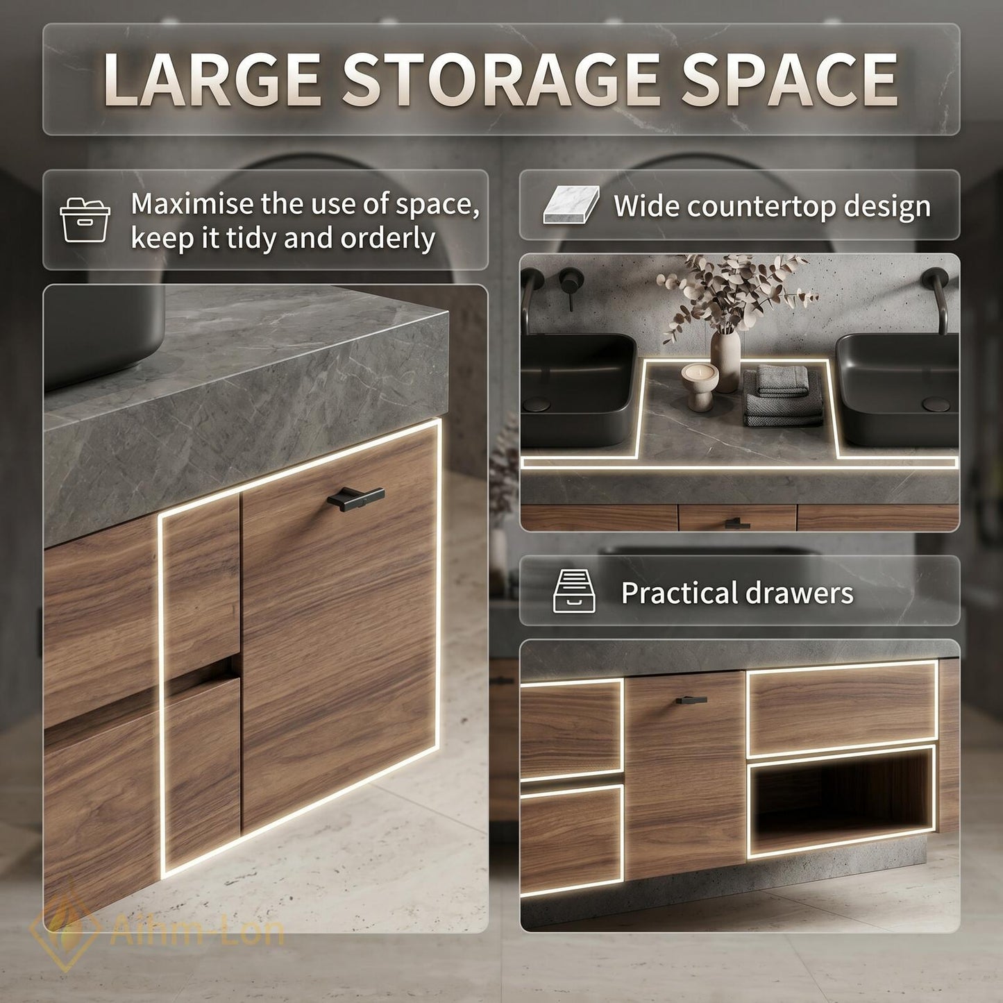 60''-96'' Double Bathroom Vanity with Sink Walnut Modern Floating Grain Drawer Storage