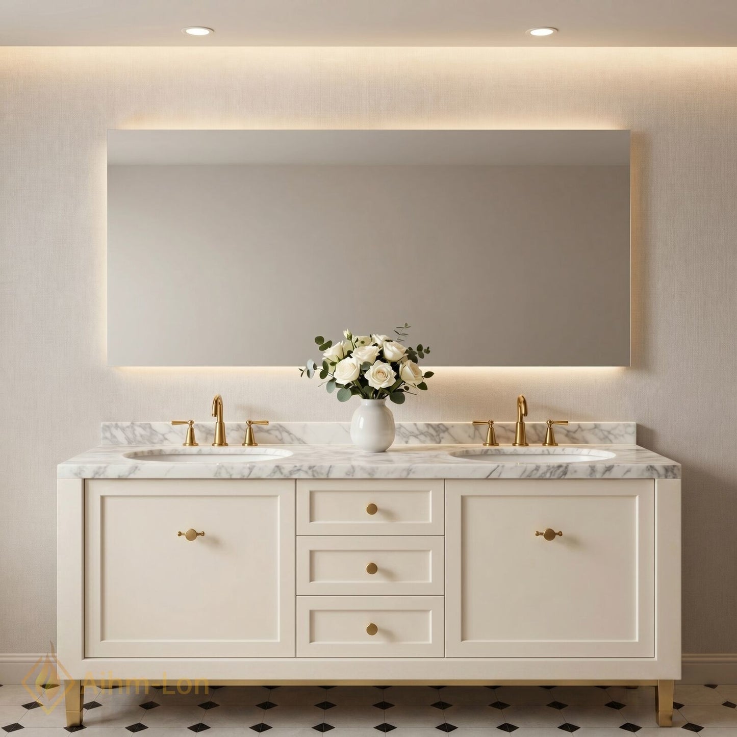 60''-96'' Modern Bathroom Vanity with Sink White Shaker Marble Gold Hardware Drawers