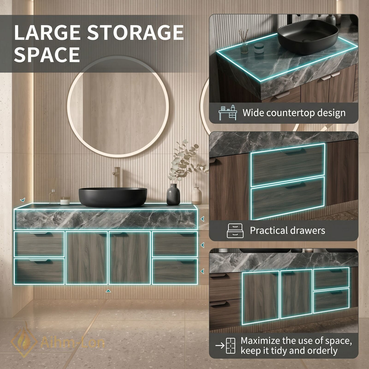 60''-96'' Double Bathroom Vanity with Sink Dark Grey Marble Slatted Doors Drawers