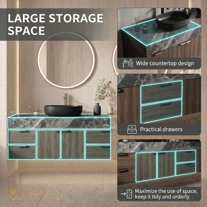 60''-96'' Double Bathroom Vanity with Sink Dark Grey Marble Slatted Doors Drawers