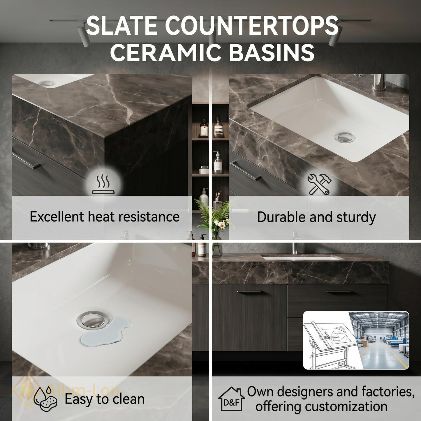 60''-96'' Double Bathroom Vanity with Sink Sleek Floating Dark Grey Stone Mirror