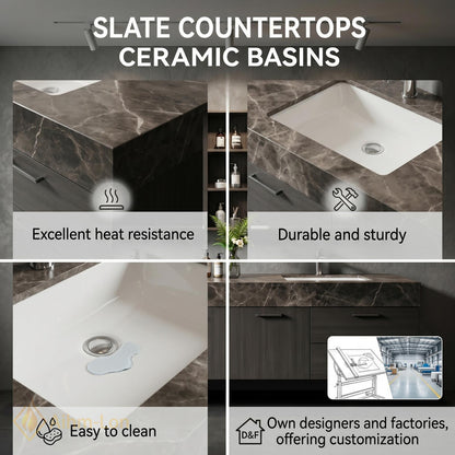 60''-96'' Double Bathroom Vanity with Sink Sleek Floating Dark Grey Stone Mirror