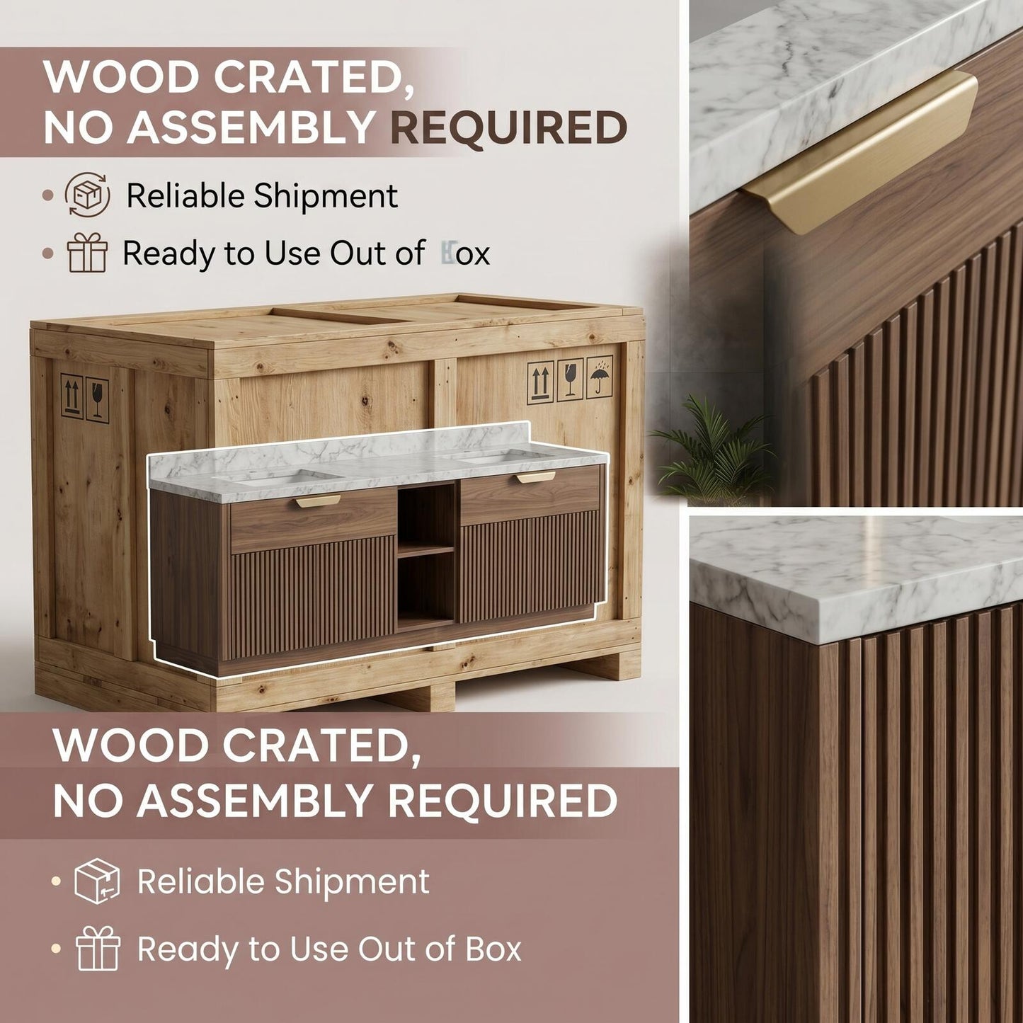 60''-96'' Modern Bathroom Vanity with Sink Double Sink Dark Walnut Slatted Marble Pattern Cabinet