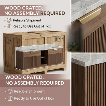 60''-96'' Modern Bathroom Vanity with Sink Double Sink Dark Walnut Slatted Marble Pattern Cabinet