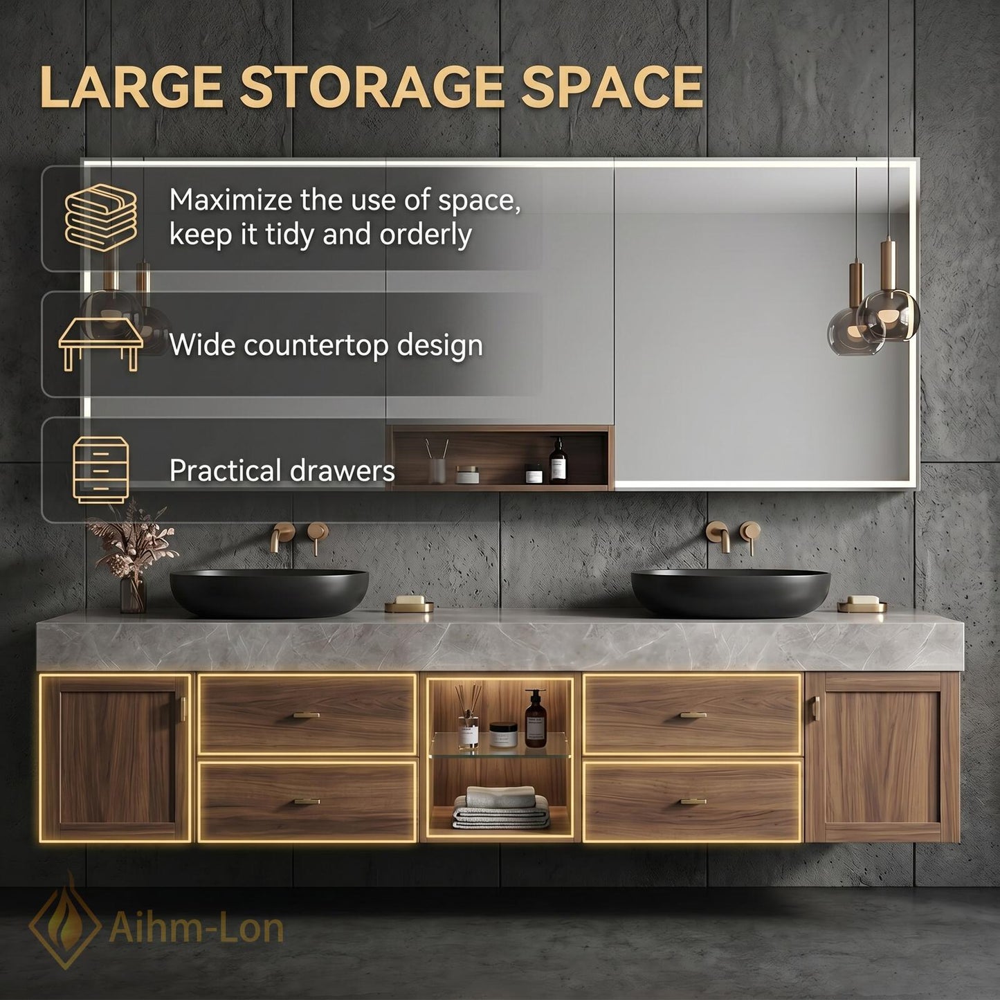 60''-96'' Double Bathroom Vanity with Sink Modern Floating Grey Marble Top Walnut
