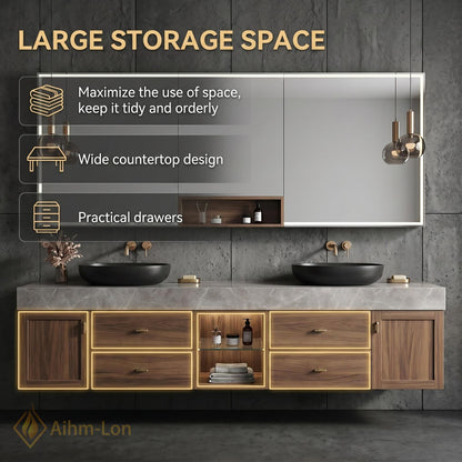 60''-96'' Double Bathroom Vanity with Sink Modern Floating Grey Marble Top Walnut