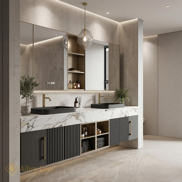 70''-96'' Double Bathroom Vanity with Sink Modern Floating Dark Grey Fluted Panels