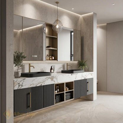 70''-96'' Double Bathroom Vanity with Sink Modern Floating Dark Grey Fluted Panels